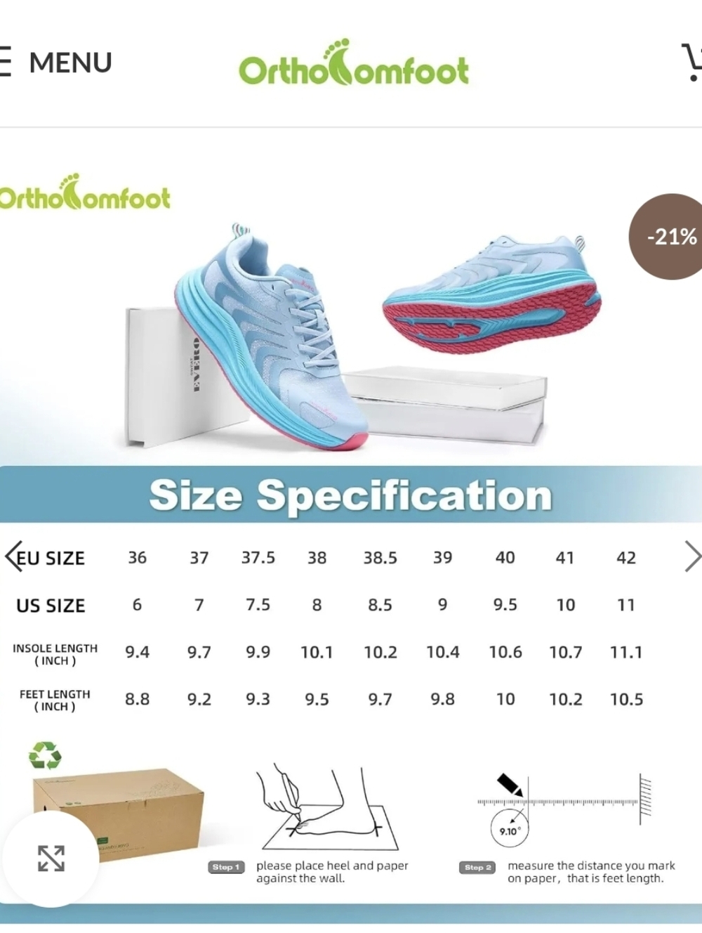 Orthocomfoot Women’s Orthopedic Running Shoes with Arch Support Size 10 - Picture 15 of 15